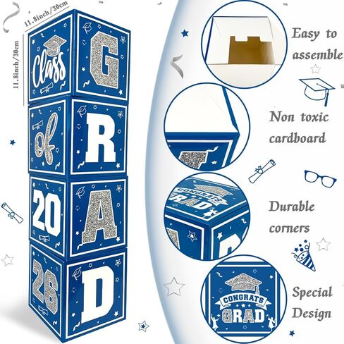 2025 Graduation Decorations Blue and Gold Balloon Boxes Class of 2025 Decor with "GRAD" and"CLASS OF 2025" Letters Grad Boxs for High School and College Graduation Announcements in Kuwait