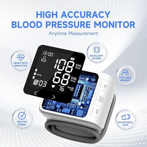 Wrist Blood Pressure Monitor for Home Use,Large LCD Backlit 3 Colors Dispaly,Automatic Digital Wrist Cuff 5.31"-7.68" Irregular Heartbeat Detector BP Machine,2 * 99 Memory with Carrying Case in Kuwait