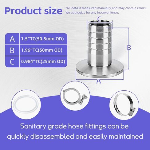 2 Pack 1.5" Tri Clamp to 1" Barb Fitting Stainless Steel Adapter Sanitary Hose Barb Fittings with 2pc Silicone Gasket and Hose Clamp (1 Inch Hose Barb) in Saudi Arabia