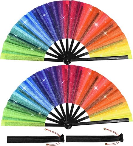 Rainbow Rave Hand Fan Pride Glitter Holographic Large Handheld Folding Fan Festival Clack Foldable Silk Hand Fan with Fabric Case for Dance, Performance, Wedding, Party Decoration, Gift in Saudi Arabia