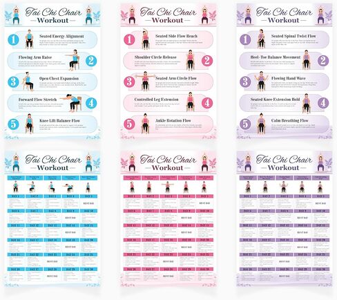 Tai Chi Chair Workout Poster Set, 6 Laminated Exercise Charts, Illustrated Seated Moves for Balance, Mobility & Joint Pain Relief, 30-Day Challenge in Kuwait