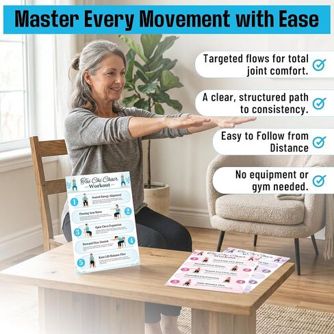 Tai Chi Chair Workout Poster Set, 6 Laminated Exercise Charts, Illustrated Seated Moves for Balance, Mobility & Joint Pain Relief, 30-Day Challenge in Kuwait