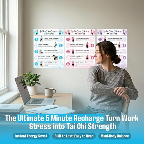 Tai Chi Chair Workout Poster Set, 6 Laminated Exercise Charts, Illustrated Seated Moves for Balance, Mobility & Joint Pain Relief, 30-Day Challenge in Kuwait