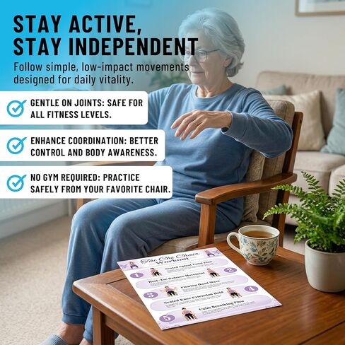 Tai Chi Chair Workout Poster Set, 6 Laminated Exercise Charts, Illustrated Seated Moves for Balance, Mobility & Joint Pain Relief, 30-Day Challenge in Kuwait