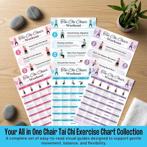 Tai Chi Chair Workout Poster Set, 6 Laminated Exercise Charts, Illustrated Seated Moves for Balance, Mobility & Joint Pain Relief, 30-Day Challenge in Kuwait