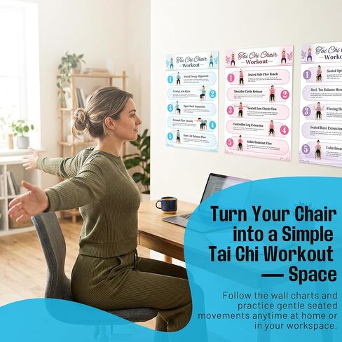 Tai Chi Chair Workout Poster Set, 6 Laminated Exercise Charts, Illustrated Seated Moves for Balance, Mobility & Joint Pain Relief, 30-Day Challenge in Kuwait