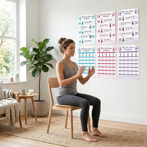 Tai Chi Chair Workout Poster Set, 6 Laminated Exercise Charts, Illustrated Seated Moves for Balance, Mobility & Joint Pain Relief, 30-Day Challenge in Kuwait