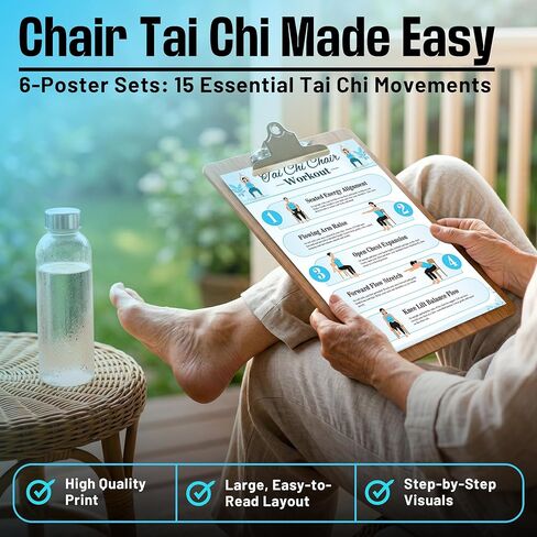 Tai Chi Chair Workout Poster Set, 6 Laminated Exercise Charts, Illustrated Seated Moves for Balance, Mobility & Joint Pain Relief, 30-Day Challenge in Kuwait