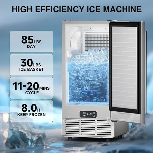 Commercial Under Counter Ice Maker Machine 15" Wide, 85 lbs/Day,Stainless Steel Built-in Freestanding Ice Maker with 30 lbs Storage Bin, Under Cabinet Ice Machine for Home Commercial Use in Kuwait