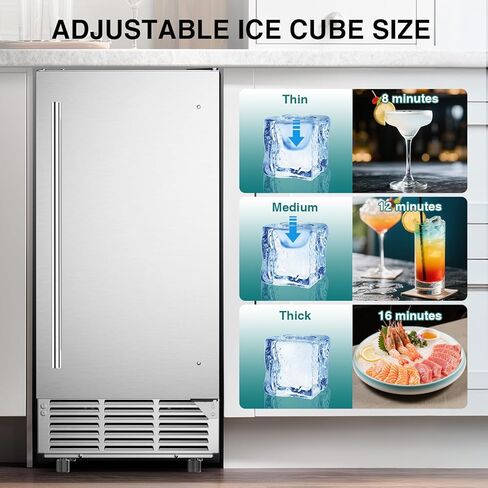 Commercial Under Counter Ice Maker Machine 15" Wide, 85 lbs/Day,Stainless Steel Built-in Freestanding Ice Maker with 30 lbs Storage Bin, Under Cabinet Ice Machine for Home Commercial Use in Kuwait