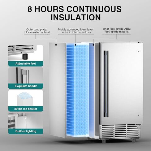 Commercial Under Counter Ice Maker Machine 15" Wide, 85 lbs/Day,Stainless Steel Built-in Freestanding Ice Maker with 30 lbs Storage Bin, Under Cabinet Ice Machine for Home Commercial Use in Kuwait