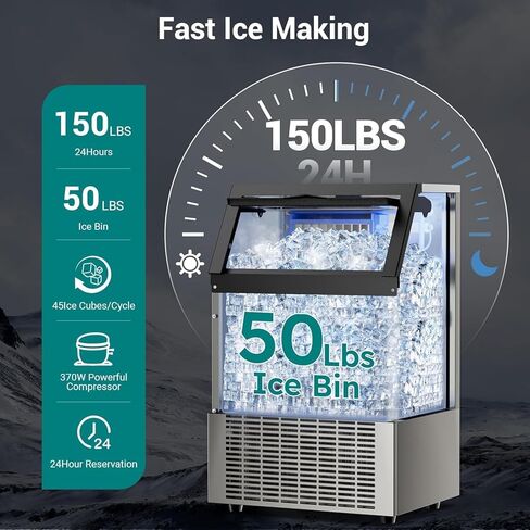 Commercial Ice Maker Machine 150 Lbs/24H Stainless Steel, with 50Lbs Storage Bin, Under Counter Freestanding Ice Maker, 55 Ice Cubes in 8-15 Minutes for Home & Commercial in Saudi Arabia