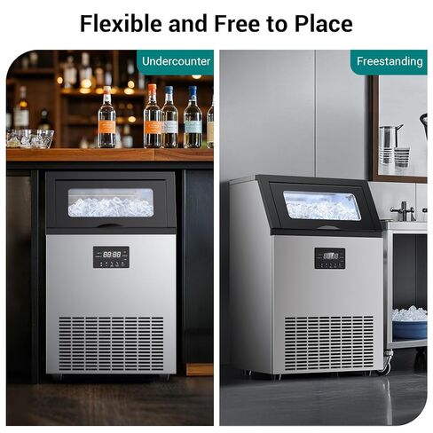 Commercial Ice Maker Machine 150 Lbs/24H Stainless Steel, with 50Lbs Storage Bin, Under Counter Freestanding Ice Maker, 55 Ice Cubes in 8-15 Minutes for Home & Commercial in Saudi Arabia