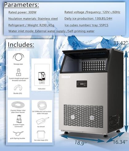 Commercial Ice Maker, 130Lbs/24H, 8-15 mins Fast Ice,Self-Cleaning & Quiet Operation, 40Lbs Large Storage, Under Counter Stainless Steel Ice Machine for Home Bar & Restaurant in Saudi Arabia
