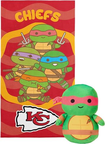 مجموعة مناشف الشاطئ والقطيفة الرسمية من Northwest NFL Kansas City Chiefs & Teenage Mutant Ninja Turtles Seashells مقاس 27 بوصة × 54 بوصة in Saudi Arabia