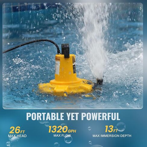 Cordless Submersible Sump Pump Compatible with Dewalt 20V Battery(Tool Only), 1320GPH Brushless Water Transfer Pump, Portable Electric Utility Pump w/ 15.4ft Cord for Garden Pond Pool Tub in Kuwait
