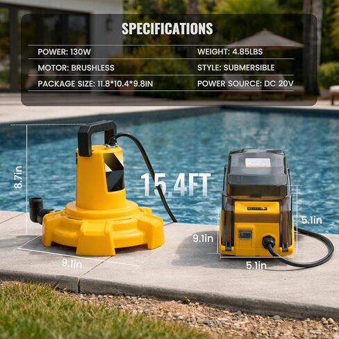 Cordless Submersible Sump Pump Compatible with Dewalt 20V Battery(Tool Only), 1320GPH Brushless Water Transfer Pump, Portable Electric Utility Pump w/ 15.4ft Cord for Garden Pond Pool Tub in Kuwait