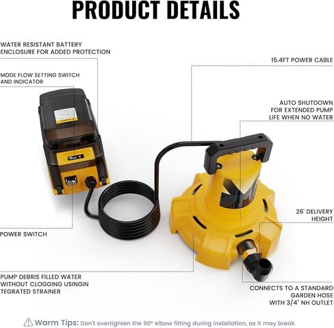 Cordless Submersible Sump Pump Compatible with Dewalt 20V Battery(Tool Only), 1320GPH Brushless Water Transfer Pump, Portable Electric Utility Pump w/ 15.4ft Cord for Garden Pond Pool Tub in Kuwait