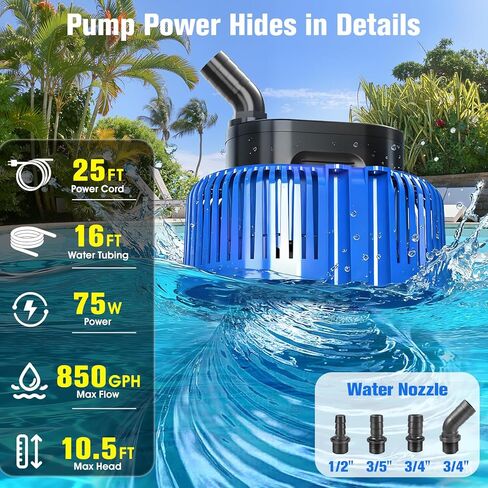 Pool Cover Pump above Ground, Submersible Water Sump Pump Swimming Water Removal Pumps,Submersible Pump for Pool Draining,Pool Pump 16FT Drainage Hose,25 FT Extra Long Power Cord, 850 GPH,4 Adapters in Saudi Arabia
