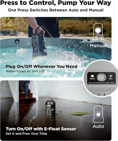 InoKraft E-Float Automatic Sump Pump 1/2HP, 2500 GPH Submersible Water Pump with Auto/Manual Mode, Mesh Bag, Universal Hose Adapters, Built-In 25FT Cord for Pool, Basement, and Outdoor Use,Black in Kuwait