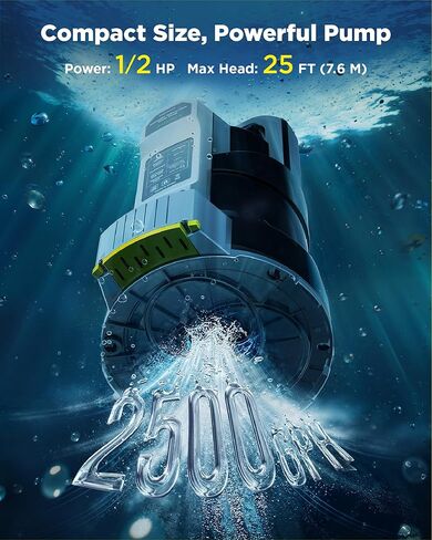 InoKraft E-Float Automatic Sump Pump 1/2HP, 2500 GPH Submersible Water Pump with Auto/Manual Mode, Mesh Bag, Universal Hose Adapters, Built-In 25FT Cord for Pool, Basement, and Outdoor Use,Black in Kuwait