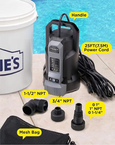 InoKraft E-Float Automatic Sump Pump 1/2HP, 2500 GPH Submersible Water Pump with Auto/Manual Mode, Mesh Bag, Universal Hose Adapters, Built-In 25FT Cord for Pool, Basement, and Outdoor Use,Black in Kuwait
