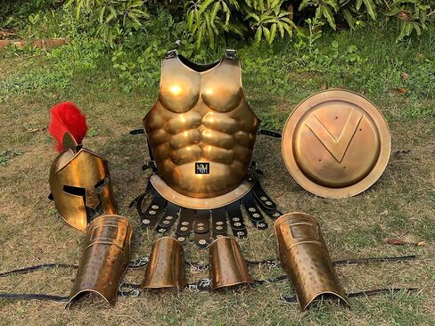 Medieval Roman Muscle Armor King Leonidas 300 Greek Spartan Helmet and Arm or Leg Guard with Shield - Brass Antique in Saudi Arabia
