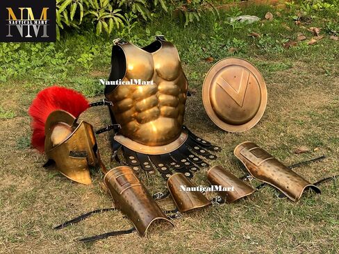 Medieval Roman Muscle Armor King Leonidas 300 Greek Spartan Helmet and Arm or Leg Guard with Shield - Brass Antique in Saudi Arabia