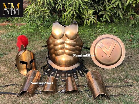 Medieval Roman Muscle Armor King Leonidas 300 Greek Spartan Helmet and Arm or Leg Guard with Shield - Brass Antique in Saudi Arabia