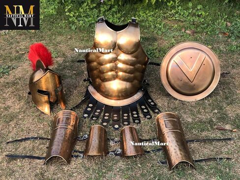 Medieval Roman Muscle Armor King Leonidas 300 Greek Spartan Helmet and Arm or Leg Guard with Shield - Brass Antique in Saudi Arabia