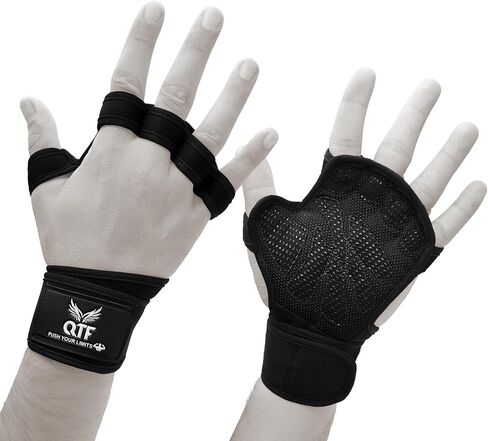 قفازات رفع الأثقال جيدة التهوية من QTF للرجال والنساء للتمرين في صالة الألعاب الرياضية واللياقة البدنية وقبضة إضافية مع دعم للمعصم وحزام متقاطع مناسب لتدريبات الحديد in Kuwait