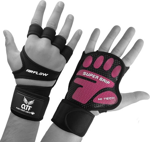 قفازات رفع الأثقال جيدة التهوية من QTF للرجال والنساء للتمرين في صالة الألعاب الرياضية واللياقة البدنية وقبضة إضافية مع دعم للمعصم وحزام متقاطع مناسب لتدريبات الحديد in Kuwait