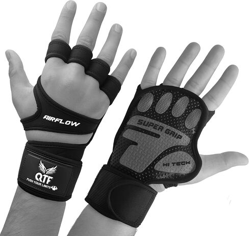 QTF Ventilated Weight Lifting Gloves for Men & Women Workout Gym Fitness Extra Grip with Wrist Support Wrap Cross fit Pull-ups Barbell Training Sports in Kuwait