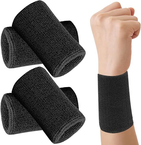 6 Inch Sports Wrist Sweatbands for Men Women, Absorbent Long Wrist Sweat Bands Tennis Wristbands Athletic Cotton Terry Cloth Sweatband for Basketball,Pickleball,Running,Gym,Working Out (4 Pack) -Black in Saudi Arabia