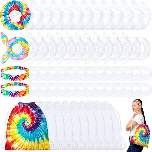 Abbylike 48 PCS Tie Tie Dye Party Supplies تشمل 12 حقائب الظهر الرباط القطن 12 Scrunchies 12 Bow Hair Ties 12 عصبة رأس مرنة ، وملحقات شعر القطن الأبيض للنساء DIY TIE صبغ in Kuwait