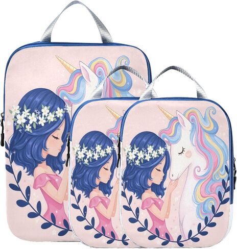 MNSRUU Packing Cubes Cute Unicorn Mermaid Girl Compression Luggage Cubes Packing Bags Travel Organizer for Suitcases, 3 PCS in Kuwait