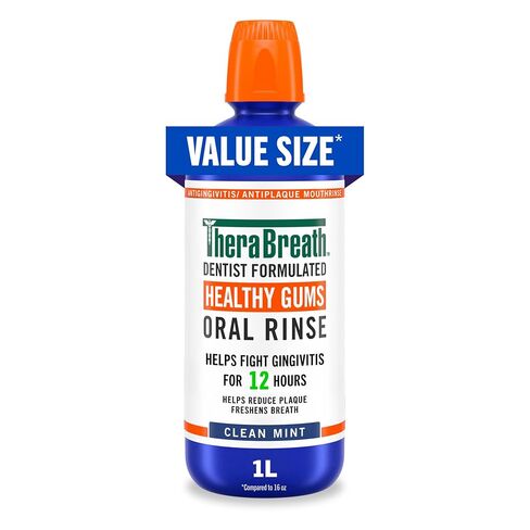 TheraBreath Healthy Gums Oral Rinse, Antigingivitis, Clean Mint Flavor, Dentist Formulated to Help Prevent Gingivitis and Support Gum Health, Alcohol Free, 1 Liter in Kuwait