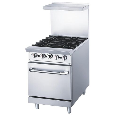 FSE 373-DCR24-4B نطاق غاز 24 بوصة مع 4 شعلات مفتوحة، سطح خارجي من الفولاذ المقاوم للصدأ، شبكات حديد زهر قابلة للإزالة، فرن 175 درجة فهرنهايت - 500 درجة فهرنهايت، 2 رفوف كروم، عجلات قفل 6 بوصة للمطابخ التجارية in Saudi Arabia