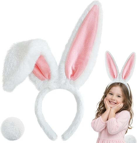 D-Fokes Easter Bunny Ears Headband and Bunny Tail, Bendable White Bunny Ears, Furry Rabbit Ears Headband for Halloween Easter Party Cosplay Bunny Costume Accessories in Kuwait