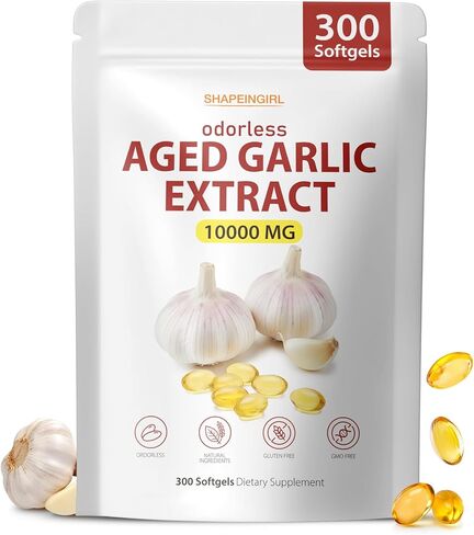 Aged Garlic Extract - 10000mg Odorless Organic Garlic Supplements for Daily Wellness & Cardiovascular Wellness Routines, Supports Immune & Antioxidant Health, Non-GMO, Gluten-Free, 300 Softgels in Kuwait