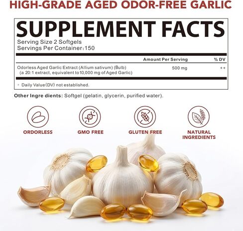 Aged Garlic Extract - 10000mg Odorless Organic Garlic Supplements for Daily Wellness & Cardiovascular Wellness Routines, Supports Immune & Antioxidant Health, Non-GMO, Gluten-Free, 300 Softgels in Kuwait