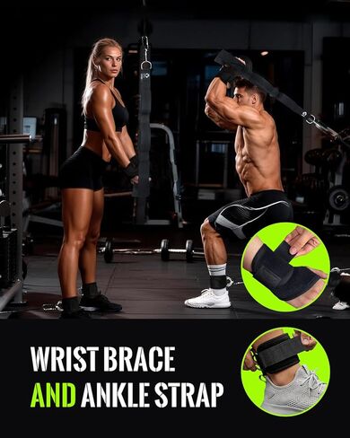 Tricep Rope Cable Attachment with 6 Anti-Slip Handles, Extra-Long Adjustable Pull Down Rope with Wrist Brace & Ankle Strap for Pushdowns, Crunches & Extensions, Cable Machine Attachment for Home & Gym in Kuwait