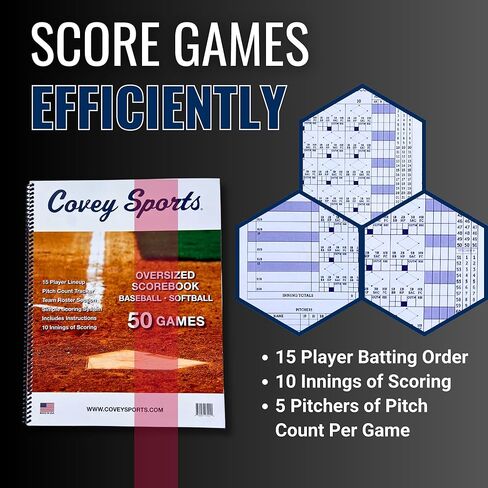 Covey Sports Premium Baseball Scorebook with Oversized 14x11 Pages - Season-Long Softball Score Keeping Book for 50 Games - 15-Player Lineup with Pitch Count Tracker and Stats Tracking in Kuwait