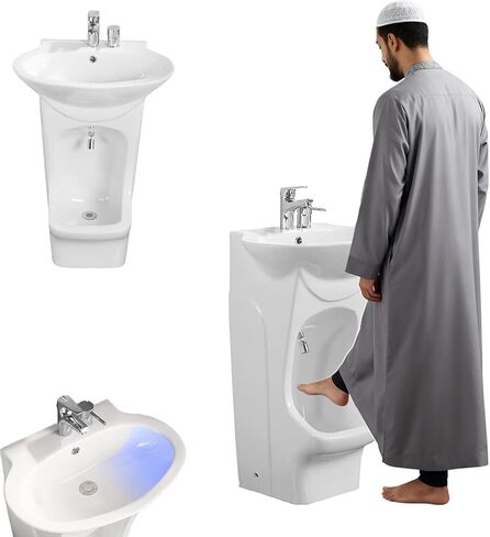 حوض الوضوء، حوض غسيل سيراميك عمودي مع صنبور قابل للتعديل بزاوية 360 درجة، تصميم متكامل قائم على الأرض للقدم وغسل الوجه in Kuwait