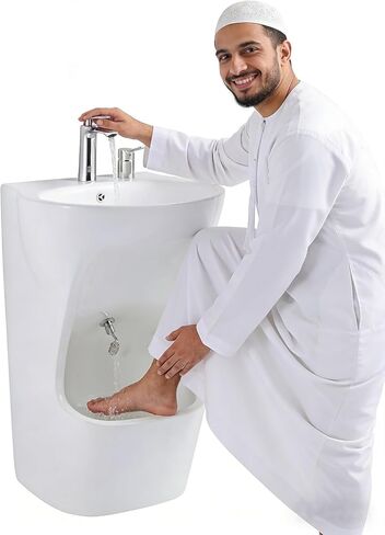 حوض الوضوء، حوض غسيل سيراميك عمودي مع صنبور قابل للتعديل بزاوية 360 درجة، تصميم متكامل قائم على الأرض للقدم وغسل الوجه in Kuwait