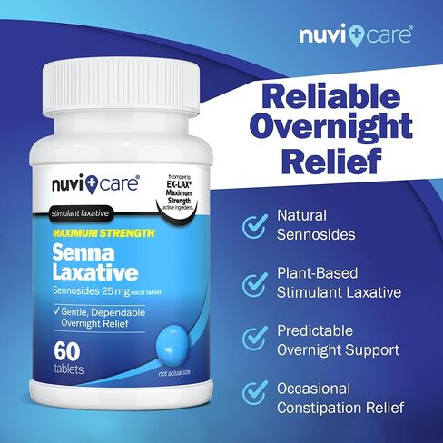 أقراص سينا ​​الملينة ذات القوة القصوى - 25 ملغ من السينوسيدات لتخفيف الإمساك طوال الليل - أقراص سينا ​​الطبيعية - حبوب ملين نباتية لطيفة منشطة (60 قرصًا) in Kuwait