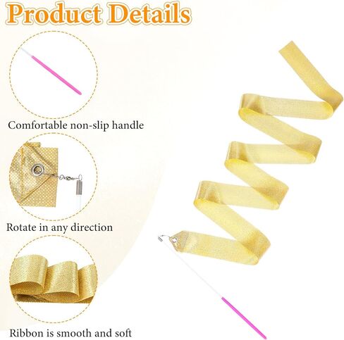 2Pcs Rhythmic Dance Ribbons, Sparkly Gymnastics Ribbon Dancer Wand for Kids, 78.7" Gymnastics Dancing Ribbon Streamers with Dancer Wands for Rhythmic Ballet, Twirling & Kids’ Talent Shows(Gold) in Saudi Arabia