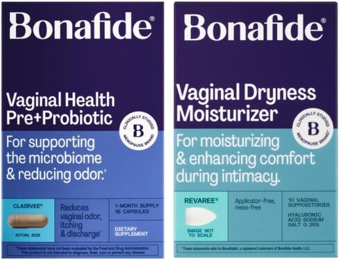 Bonafide Clairvee + Revaree - خالي من الهرمونات والأدوية لتخفيف الرائحة والحكة المهبلية والإفرازات + مرطب مهبلي بحمض الهيالورونيك - كمية تكفي لمدة شهر واحد in Kuwait
