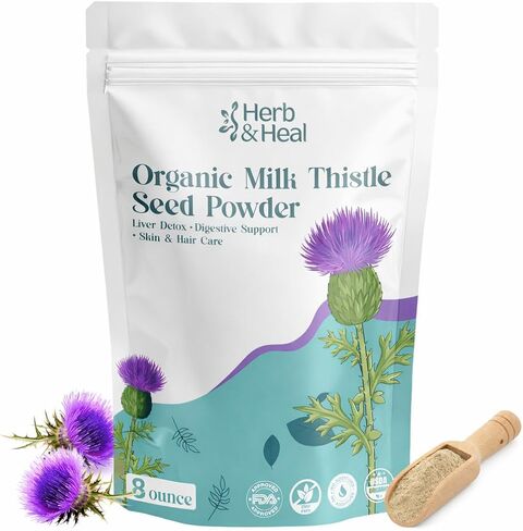 هيرب آند هيل مسحوق شوك الحليب العضوي | عشبة دعم الكبد والجهاز الهضمي | بذور شوك الحليب المطحونة لعلاجات الشاي والشعر والعناية بالبشرة | غير معدل وراثيًا، نباتي (8 أونصة) in Kuwait