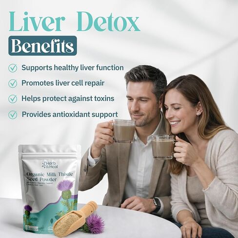 هيرب آند هيل مسحوق شوك الحليب العضوي | عشبة دعم الكبد والجهاز الهضمي | بذور شوك الحليب المطحونة لعلاجات الشاي والشعر والعناية بالبشرة | غير معدل وراثيًا، نباتي (8 أونصة) in Kuwait